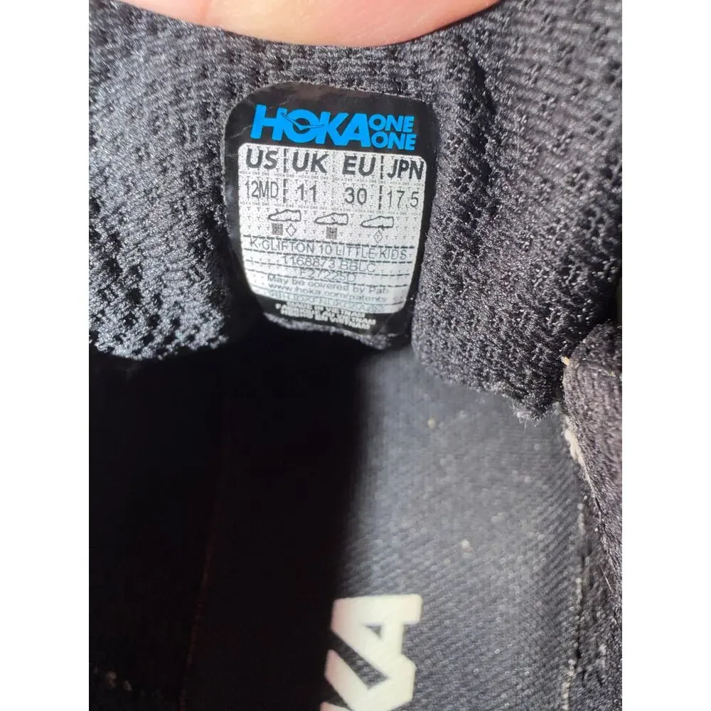HOKA Kids Clifton 10 Black Stretch Lace Running Shoes Size 12 Little Kid